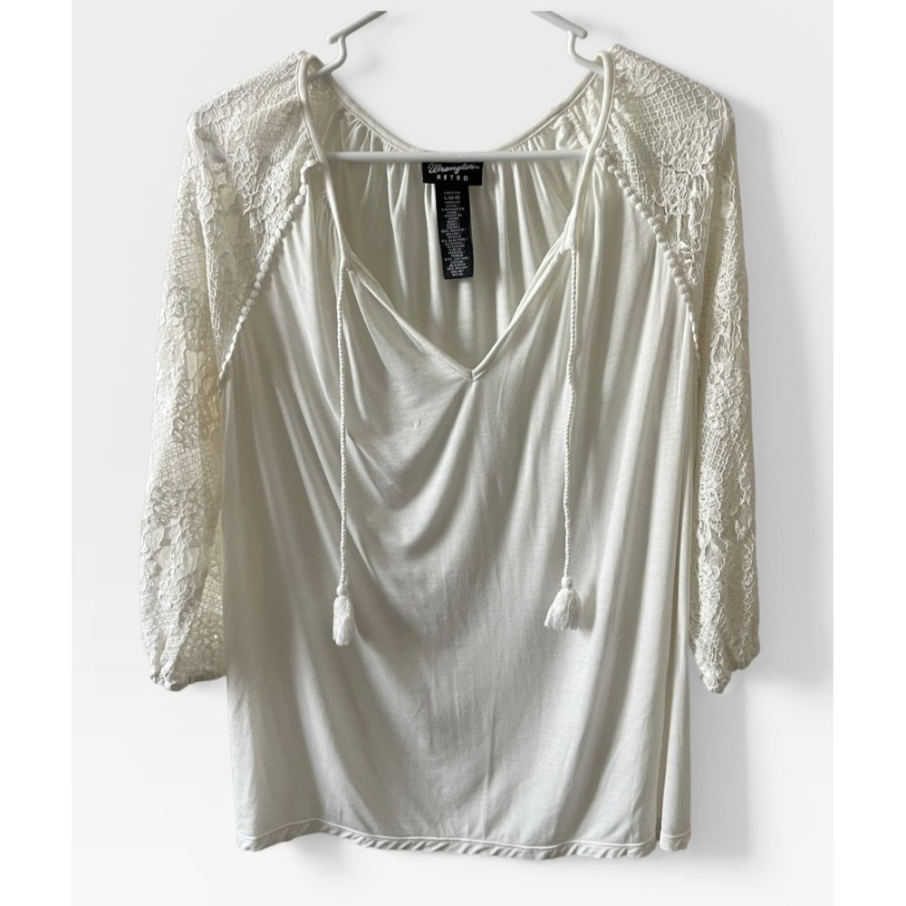 Wrangler Retro Cream Lace Sleeve Peasant Top V-Neck Tassel Tie Blouse Large‎